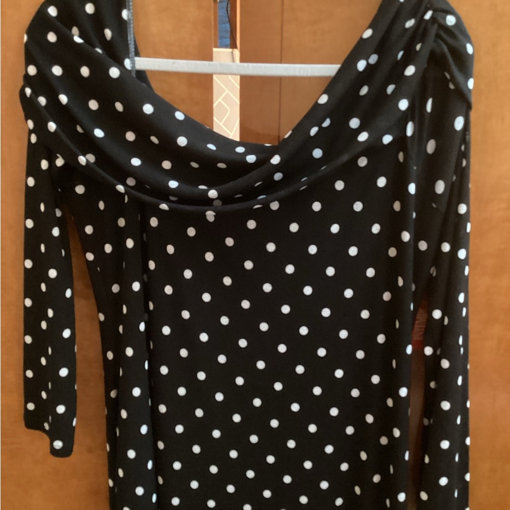 Chic: Blk/Wht Pocka Dot Long Sleeve on/off shoulder dress, L47” from label 135